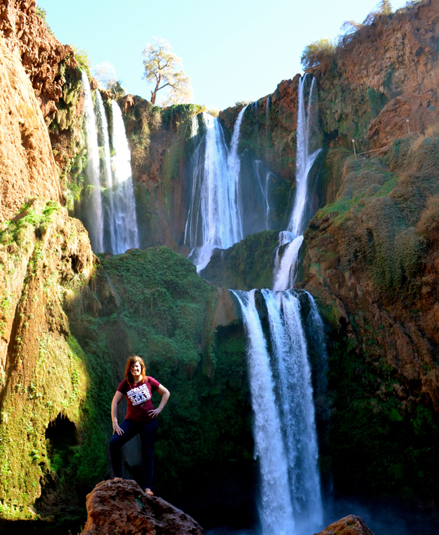 Kiersten Westbrook ’09 dons her Griz gear at the Cascades d’Ouzoud in the Atlas Mountains of Morocco. 